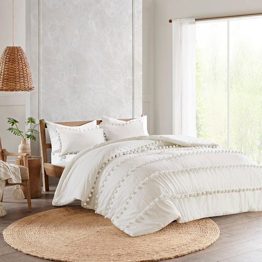 Olliix.com Comforters & Blankets - Leona King/California King 3 Piece Pom Pom Cotton Comforter Set Ivory