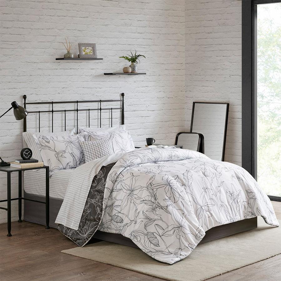 Olliix.com Comforters & Blankets - Lilia Reversible Complete bedding set with Cotton Sheet White & Charcoal Queen
