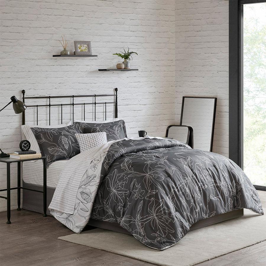 Olliix.com Comforters & Blankets - Lilia Reversible Complete bedding set with Cotton Sheet White & Charcoal Queen