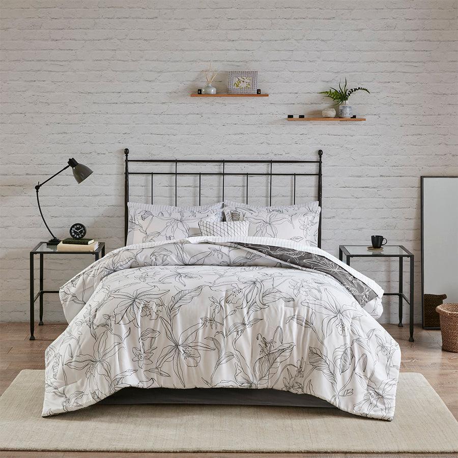 Olliix.com Comforters & Blankets - Lilia Reversible Complete bedding set with Cotton Sheet White & Charcoal Queen