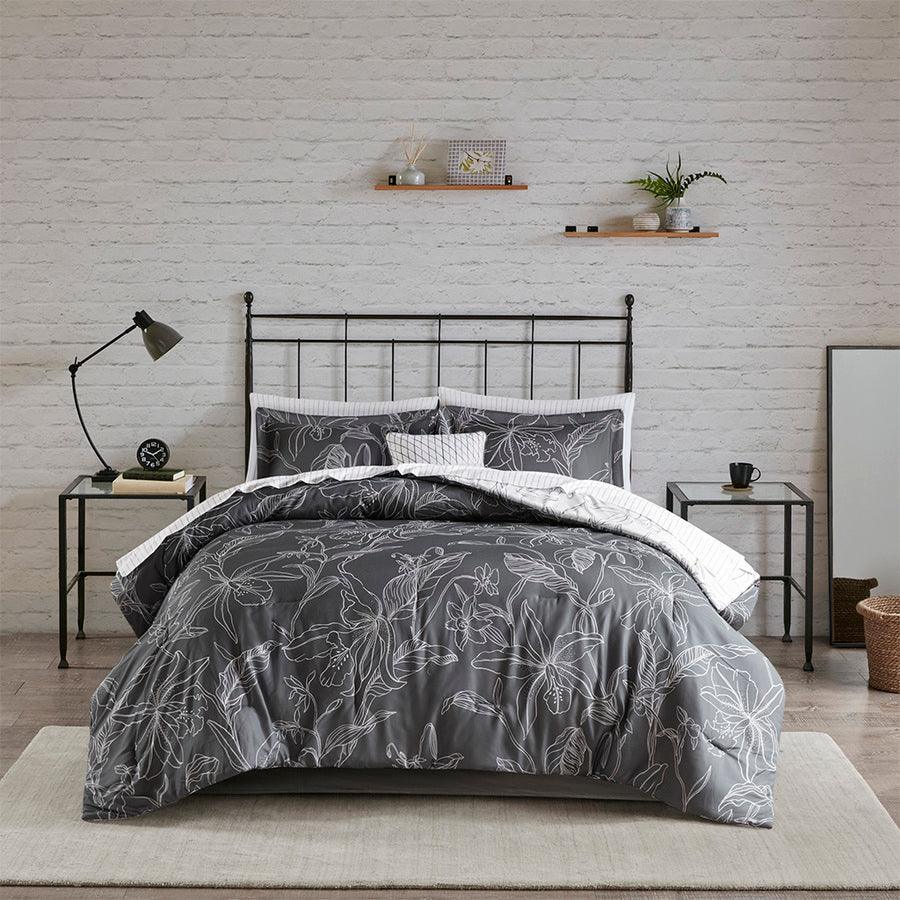 Olliix.com Comforters & Blankets - Lilia Reversible Complete bedding set with Cotton Sheet White & Charcoal Queen