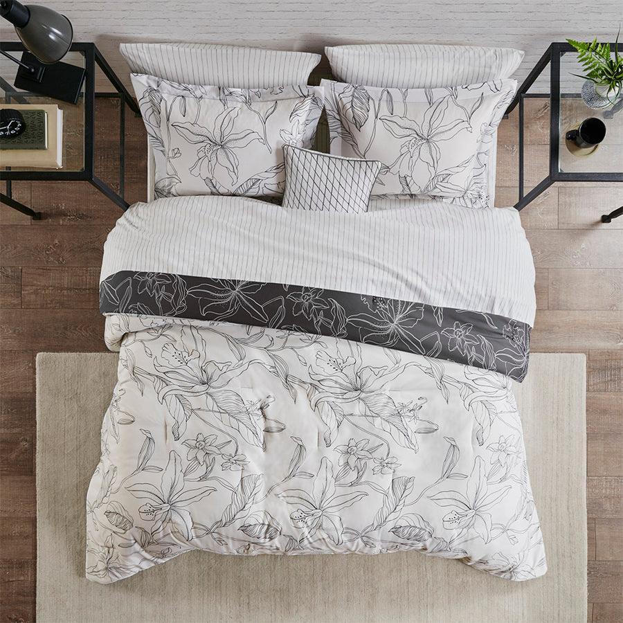 Olliix.com Comforters & Blankets - Lilia Reversible Complete bedding set with Cotton Sheet White & Charcoal Queen