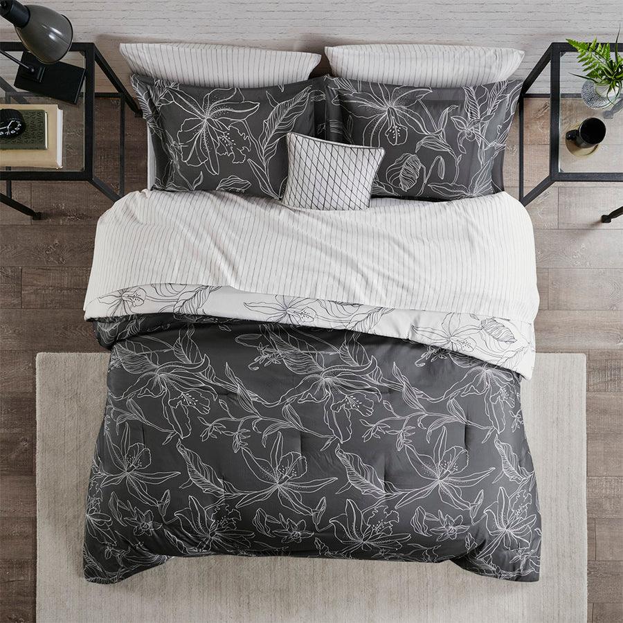 Olliix.com Comforters & Blankets - Lilia Reversible Complete bedding set with Cotton Sheet White & Charcoal Queen
