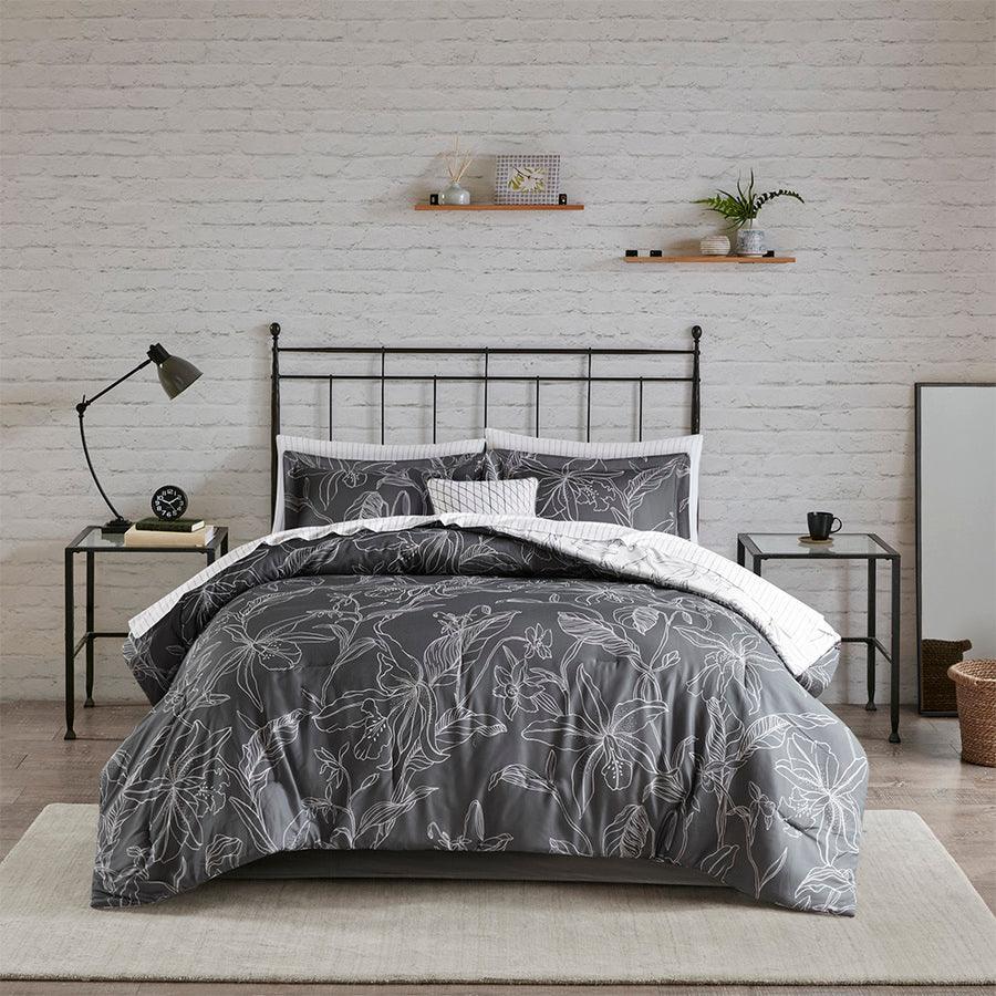 Olliix.com Comforters & Blankets - Lilia Transitional Reversible Complete bedding set with Cotton Sheet White | Charcoal King