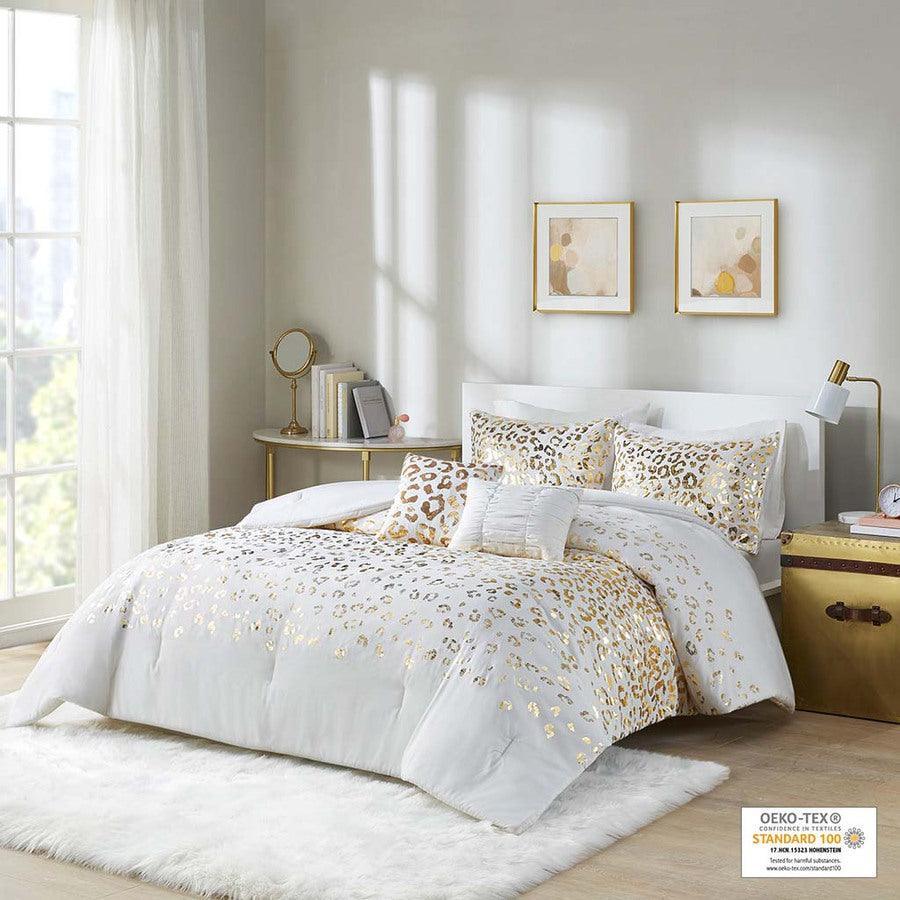 Olliix.com Comforters & Blankets - Lillie Transitional Metallic Animal Printed Comforter Set Ivory | Gold King/Cal King