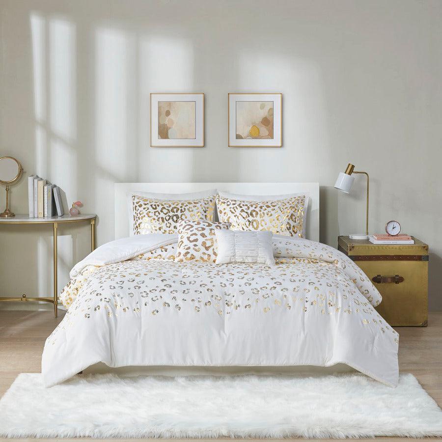 Olliix.com Comforters & Blankets - Lillie Transitional Metallic Animal Printed Comforter Set Ivory | Gold King/Cal King