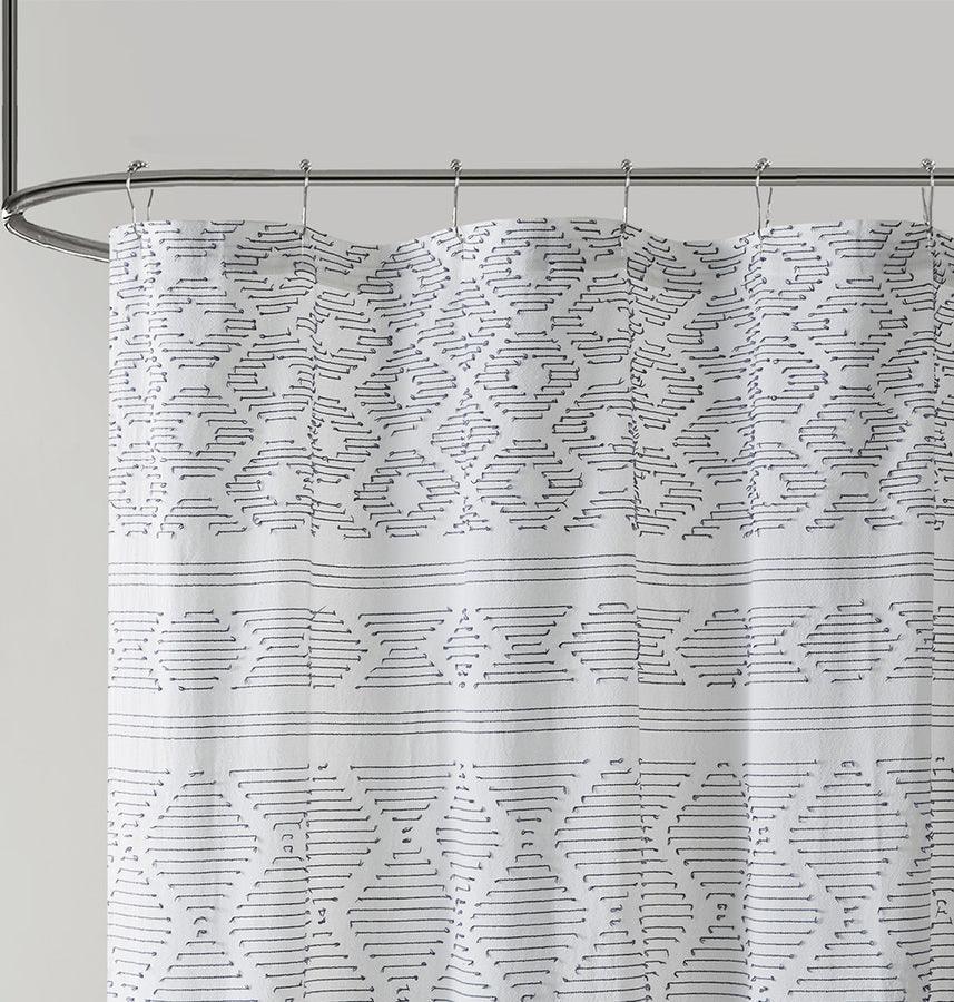 Olliix.com Shower Curtains - Lizbeth Cotton Clip Jacquard Shower Curtain White & Indigo