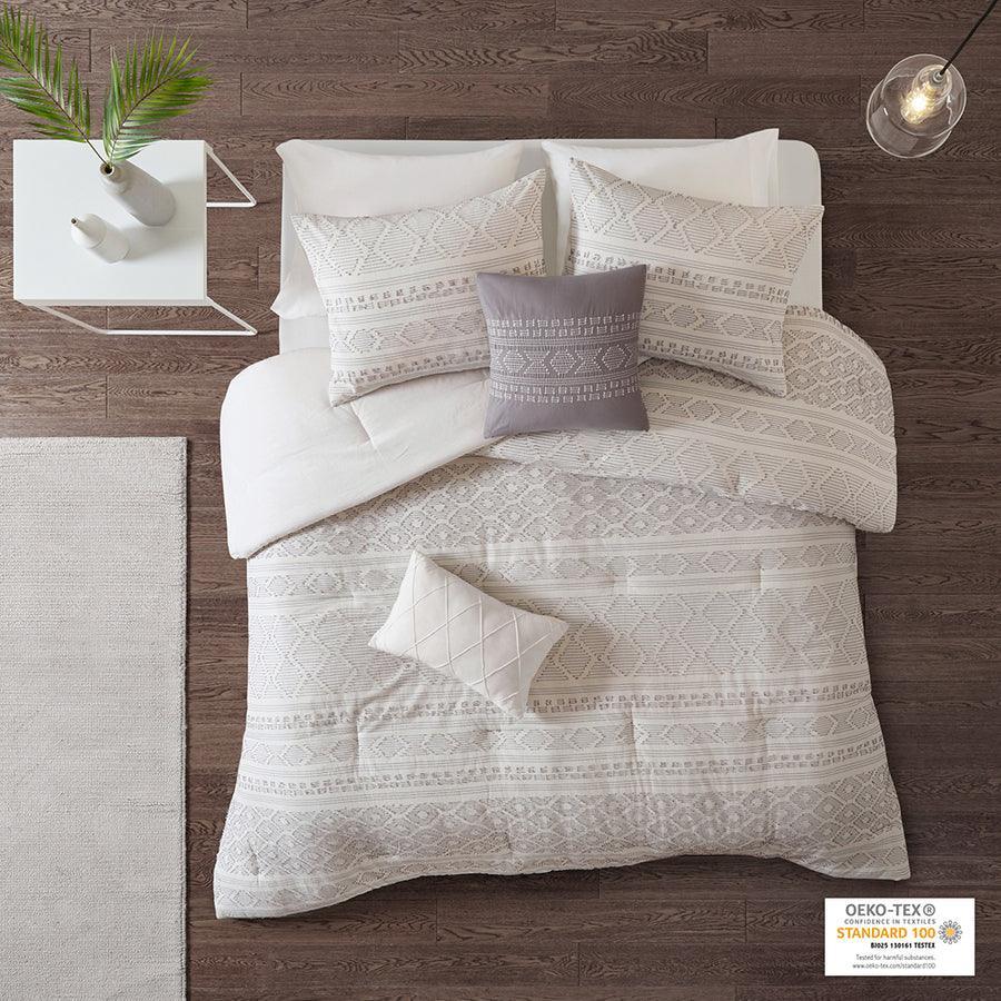 Olliix.com Comforters & Blankets - Lizbeth King/California King 5 Piece Cotton Clip Jacquard Comforter Set White & Gray