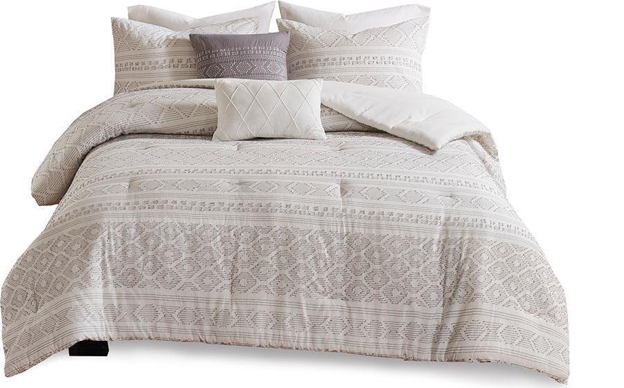 Olliix.com Comforters & Blankets - Lizbeth King/California King 5 Piece Cotton Clip Jacquard Comforter Set White & Gray