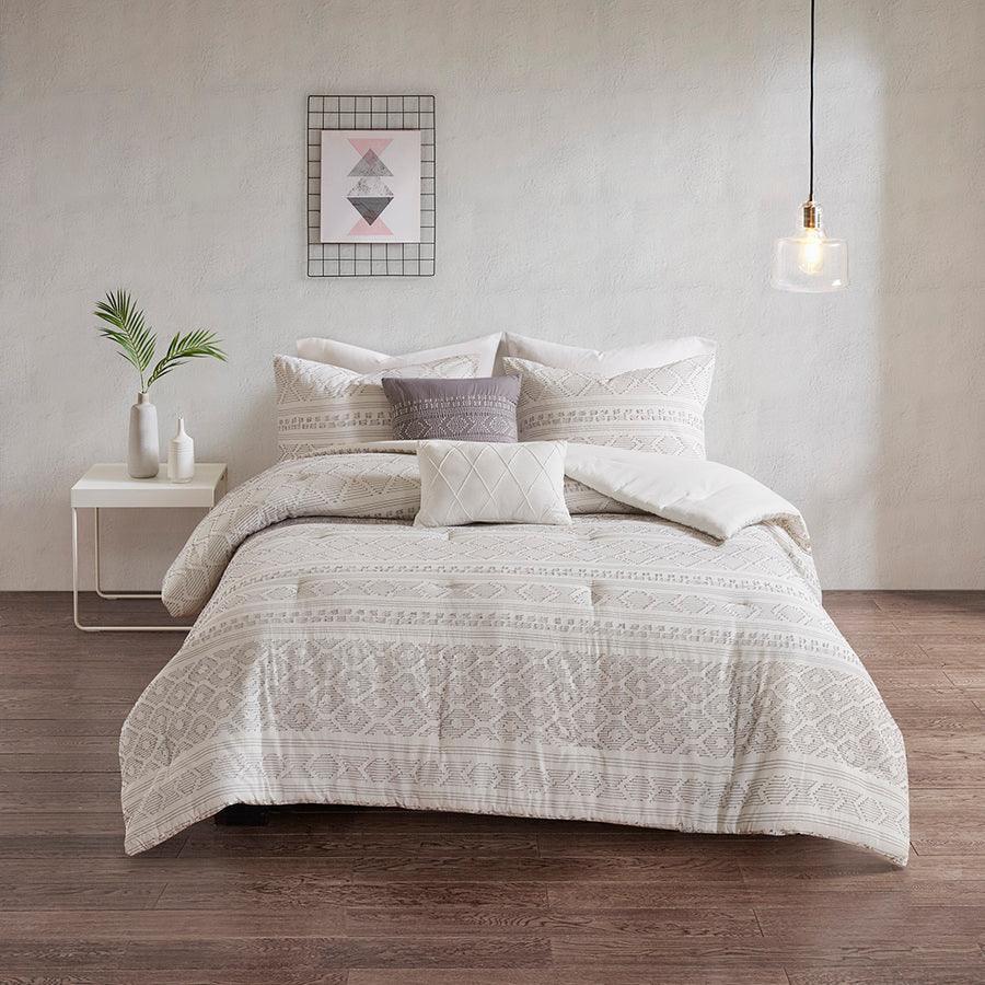 Olliix.com Comforters & Blankets - Lizbeth King/California King 5 Piece Cotton Clip Jacquard Comforter Set White & Gray