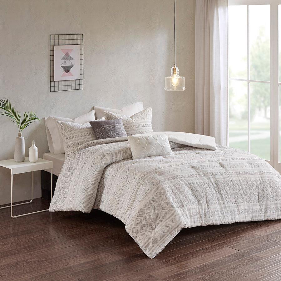 Olliix.com Comforters & Blankets - Lizbeth King/California King 5 Piece Cotton Clip Jacquard Comforter Set White & Gray