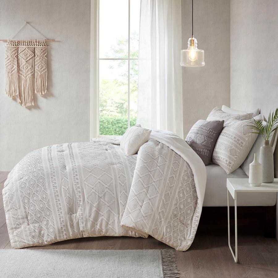Olliix.com Comforters & Blankets - Lizbeth King/California King 5 Piece Cotton Clip Jacquard Comforter Set White & Gray