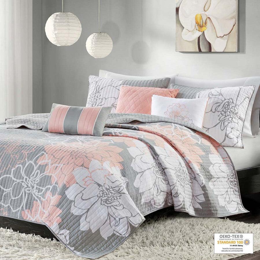 Olliix.com Comforters & Blankets - Lola Full/Queen 6 Piece Reversible Cotton Printed Coverlet Set Gray & Blush