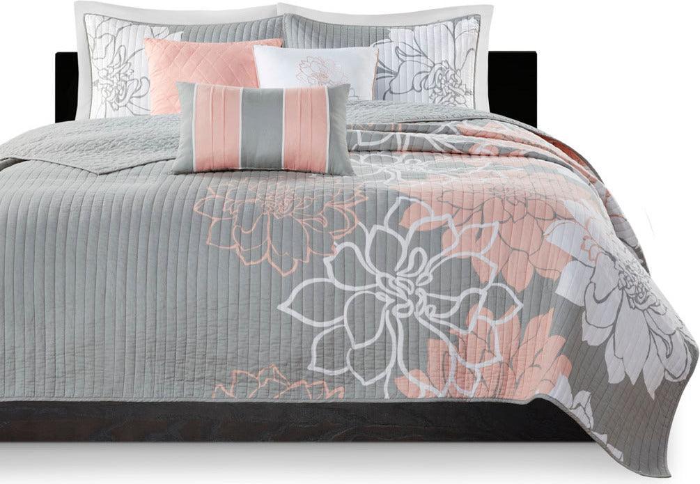 Olliix.com Comforters & Blankets - Lola Full/Queen 6 Piece Reversible Cotton Printed Coverlet Set Gray & Blush