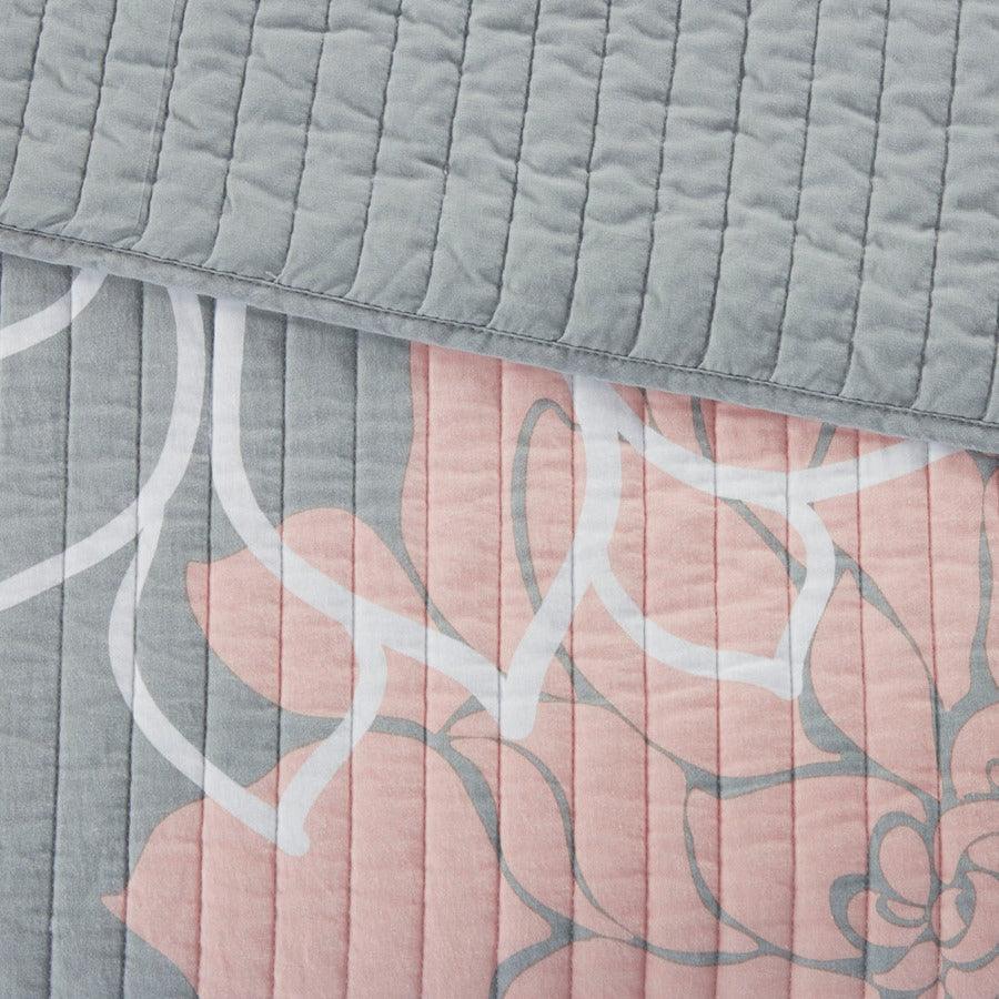 Olliix.com Comforters & Blankets - Lola Full/Queen 6 Piece Reversible Cotton Printed Coverlet Set Gray & Blush