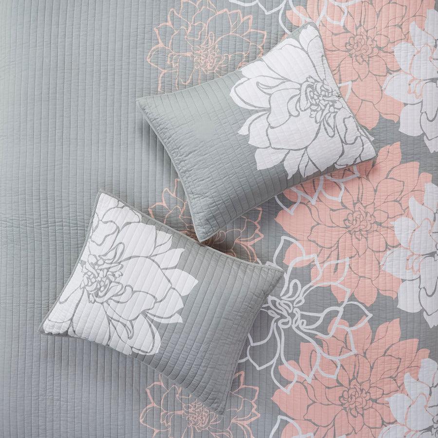 Olliix.com Comforters & Blankets - Lola Full/Queen 6 Piece Reversible Cotton Printed Coverlet Set Gray & Blush