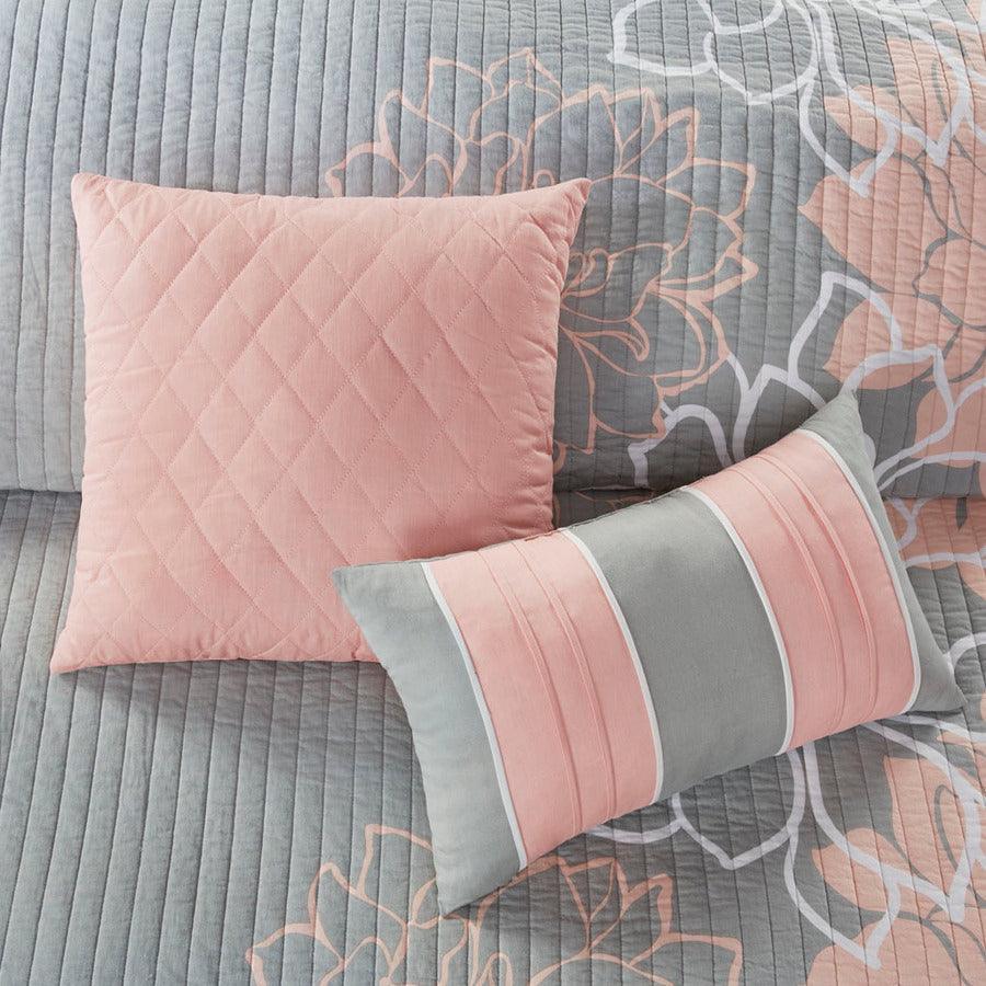Olliix.com Comforters & Blankets - Lola Full/Queen 6 Piece Reversible Cotton Printed Coverlet Set Gray & Blush