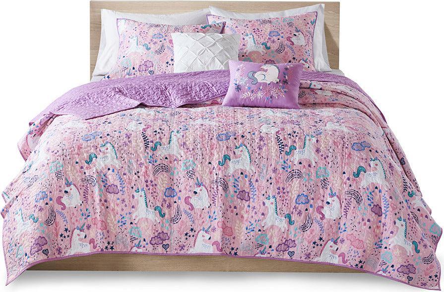 Olliix.com Comforters & Blankets - Lola Full/Queen Unicorn Cotton Reversible Coverlet Set Pink