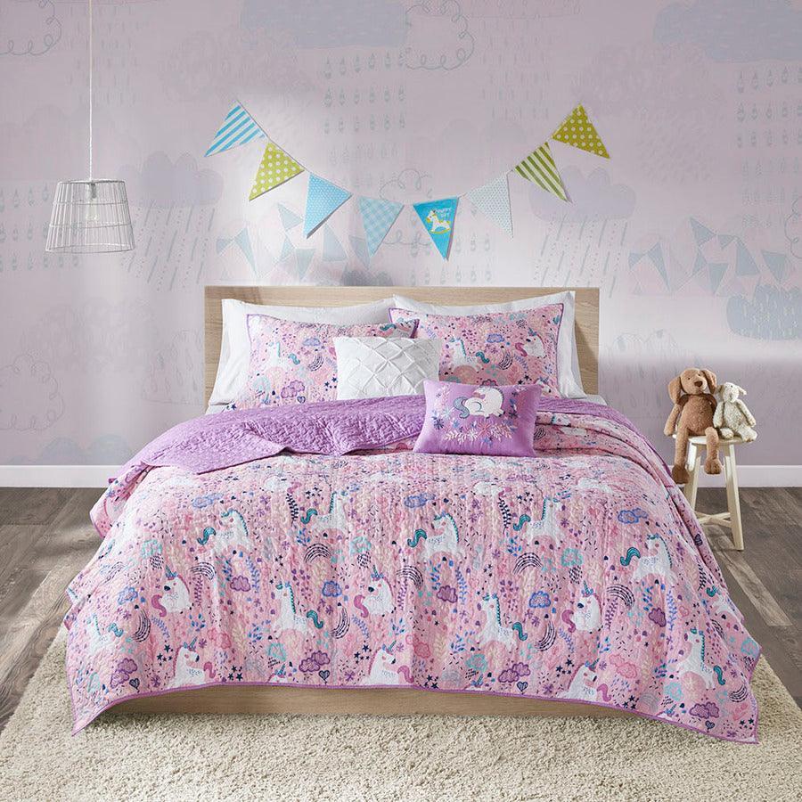Olliix.com Comforters & Blankets - Lola Full/Queen Unicorn Cotton Reversible Coverlet Set Pink