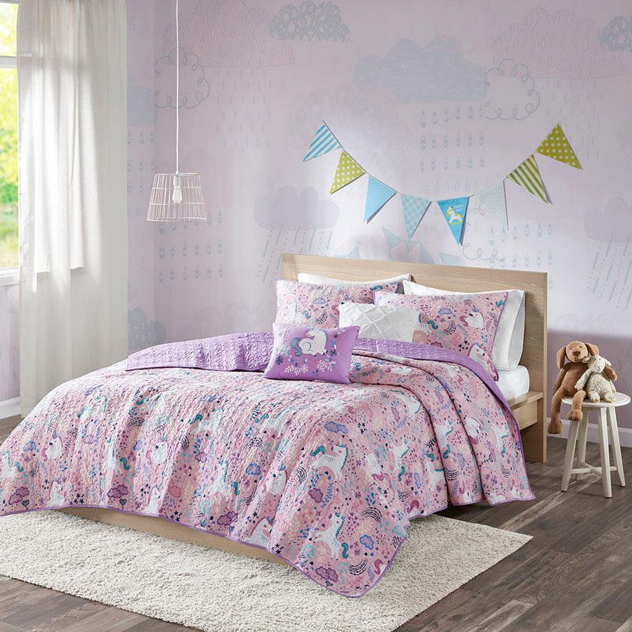 Olliix.com Comforters & Blankets - Lola Full/Queen Unicorn Cotton Reversible Coverlet Set Pink