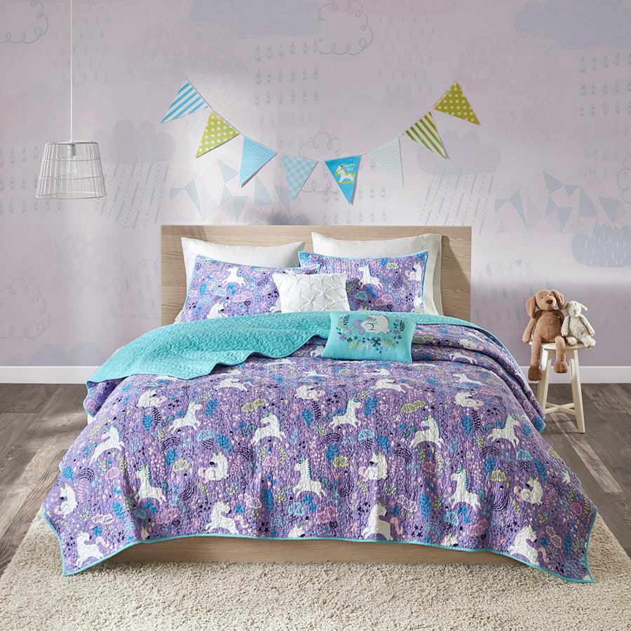 Olliix.com Comforters & Blankets - Lola Full/Queen Unicorn Cotton Reversible Coverlet Set Purple