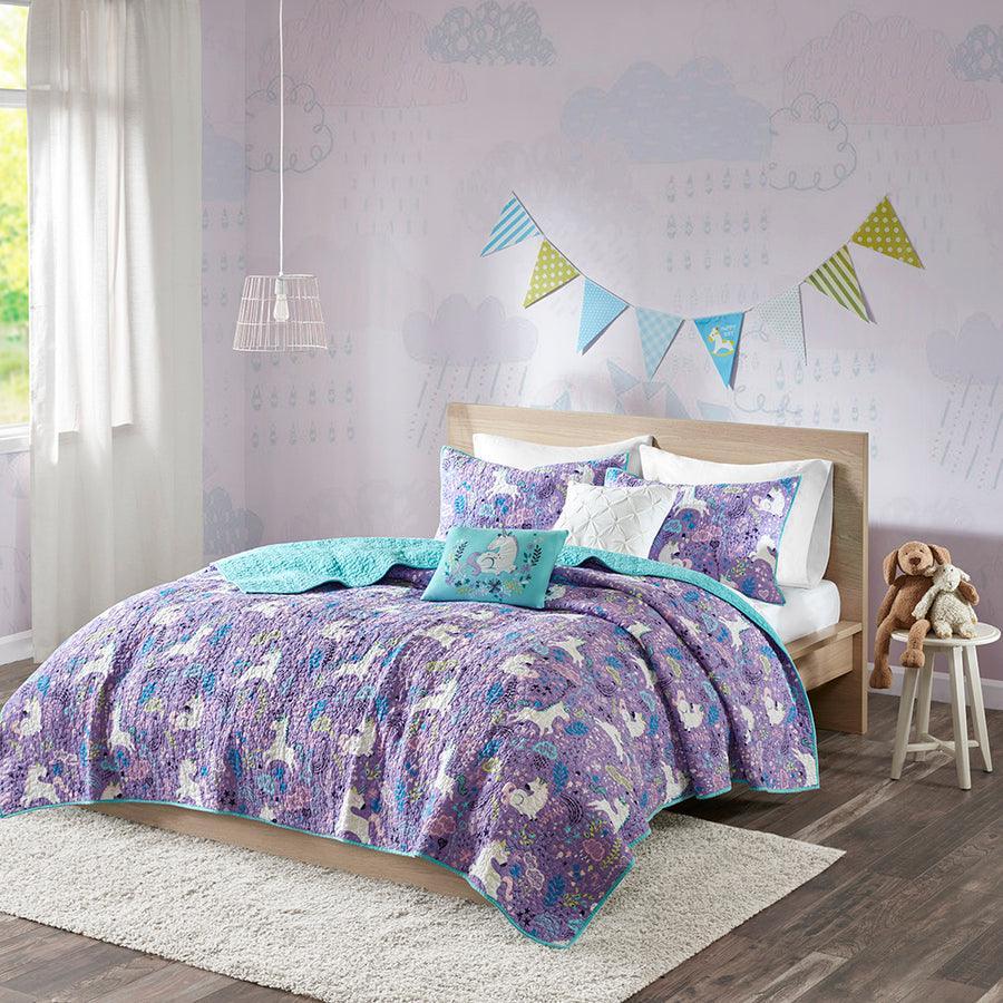 Olliix.com Comforters & Blankets - Lola Full/Queen Unicorn Cotton Reversible Coverlet Set Purple