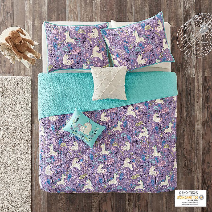 Olliix.com Comforters & Blankets - Lola Twin Unicorn Cotton Reversible Coverlet Set Purple