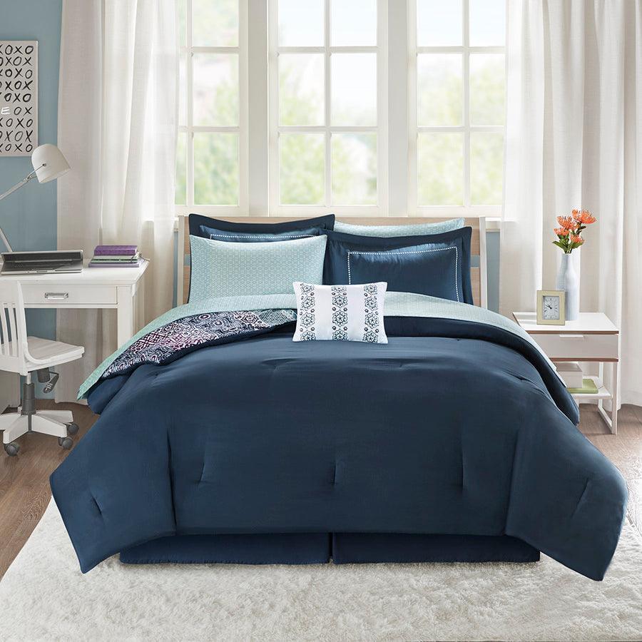 Olliix.com Comforters & Blankets - Loretta Polyester Comforter and Sheet Set Navy Twin/Twin XL