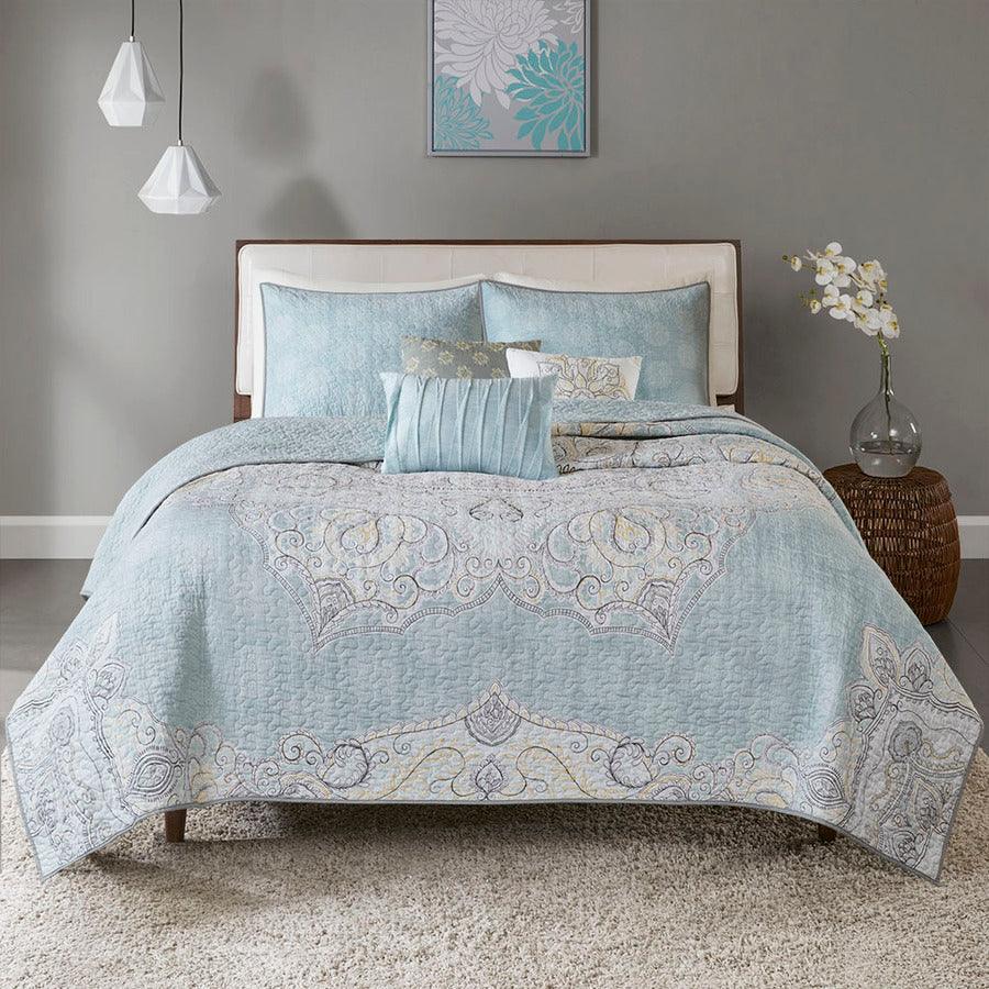 Olliix.com Comforters & Blankets - Lucinda King/California King 6 Piece Reversible Cotton Sateen Coverlet Set Seafoam