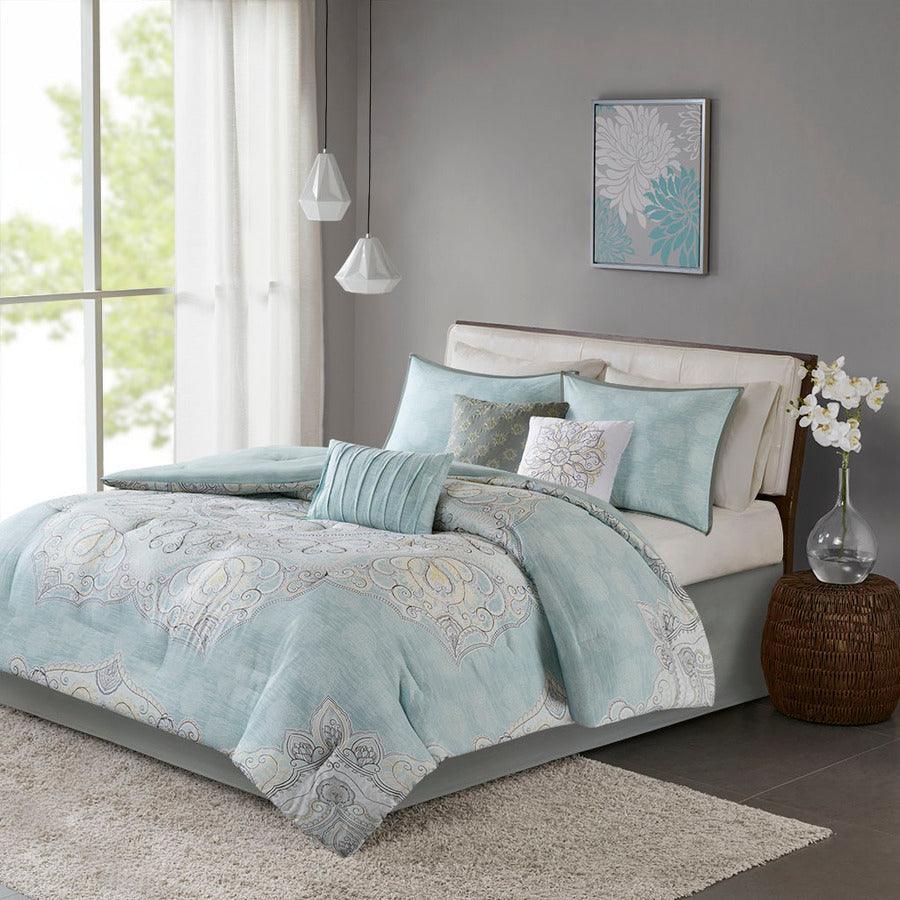 Olliix.com Comforters & Blankets - Lucinda Modern 7 Piece Reversible Cotton Sateen Comforter Set Seafoam Cal King