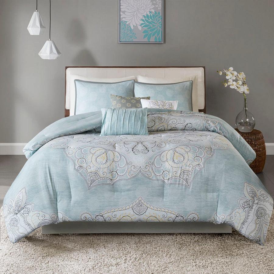 Olliix.com Comforters & Blankets - Lucinda Modern 7 Piece Reversible Cotton Sateen Comforter Set Seafoam Cal King