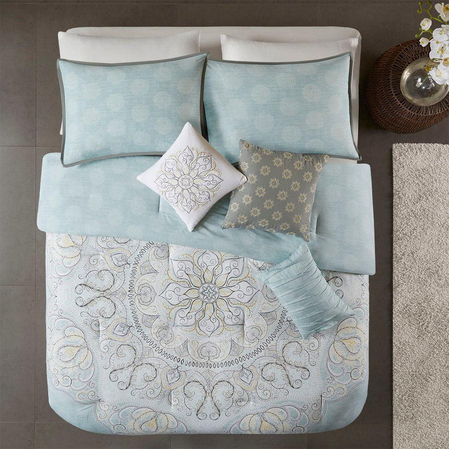 Olliix.com Comforters & Blankets - Lucinda Modern 7 Piece Reversible Cotton Sateen Comforter Set Seafoam Cal King