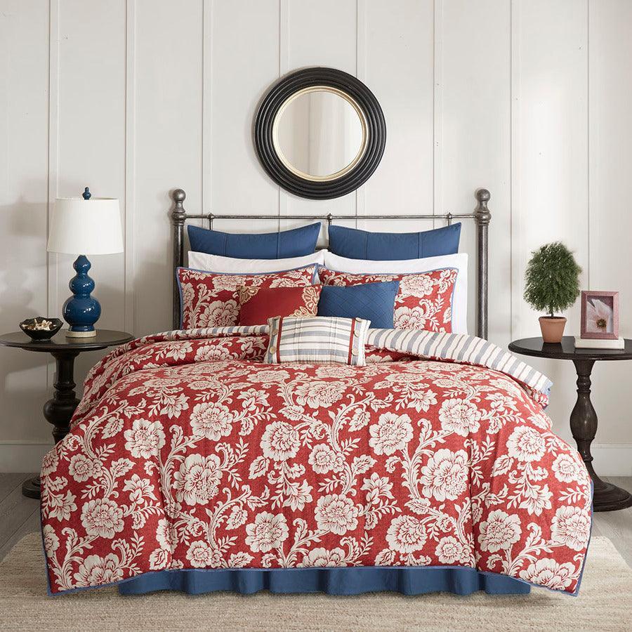 Olliix.com Duvet & Duvet Sets - Lucy Cottage/Country 9 Piece Cotton Twill Reversible Duvet Set Cal King Red