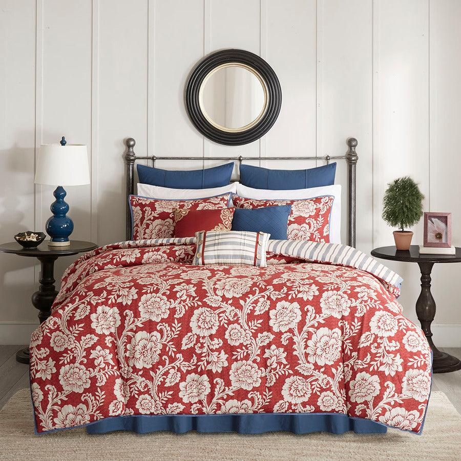 Olliix.com Duvet & Duvet Sets - Lucy Cottage/Country 9 Piece Cotton Twill Reversible Duvet Set King Red