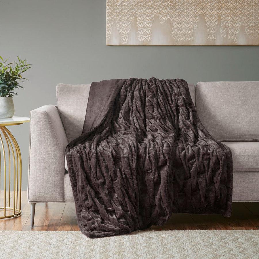 Olliix.com Pillows & Throws - Luxury Ruched Fur Throw Brown