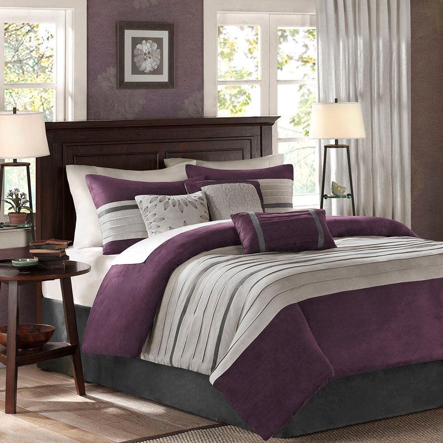 Olliix.com Comforters & Blankets - Madison Park 100% Polyester Faux Suede Pieced and Pintuck 7pcs Comforter Set Purple