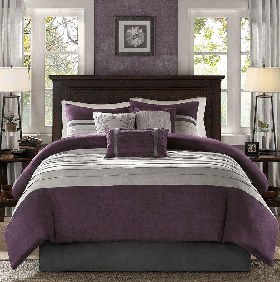 Olliix.com Comforters & Blankets - Madison Park 100% Polyester Faux Suede Pieced and Pintuck 7pcs Comforter Set Purple