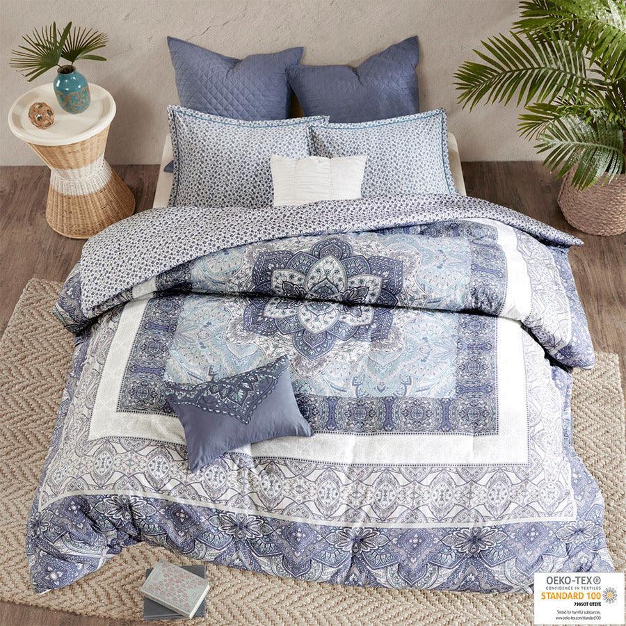 Olliix.com Comforters & Blankets - Maggie Full/Queen 7 Piece Reversible Cotton Comforter Set Blue