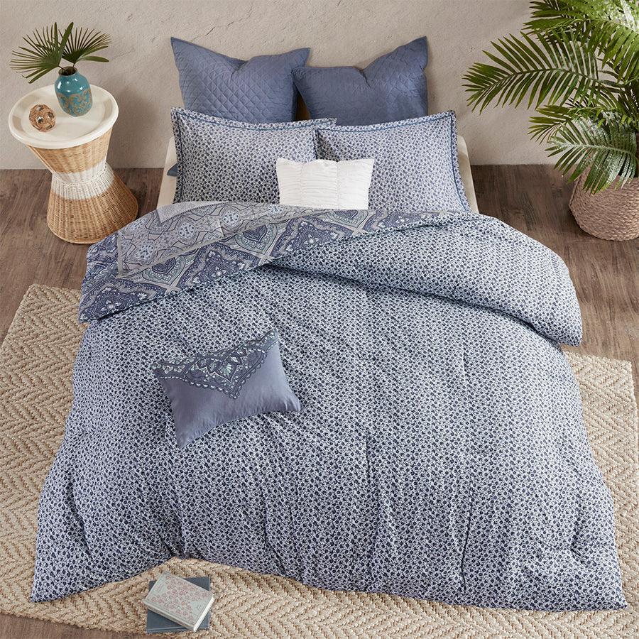 Olliix.com Comforters & Blankets - Maggie Full/Queen 7 Piece Reversible Cotton Comforter Set Blue