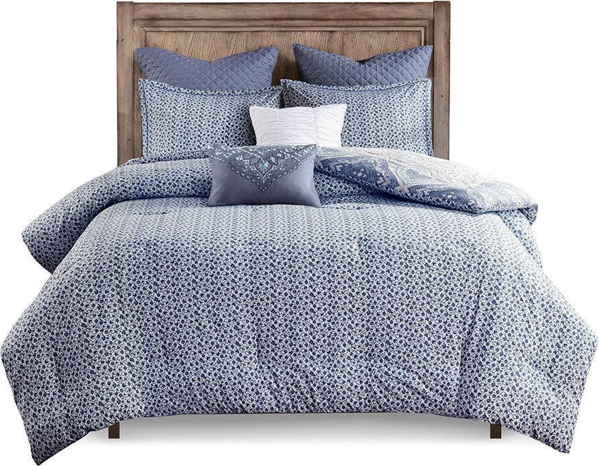 Olliix.com Comforters & Blankets - Maggie Full/Queen 7 Piece Reversible Cotton Comforter Set Blue