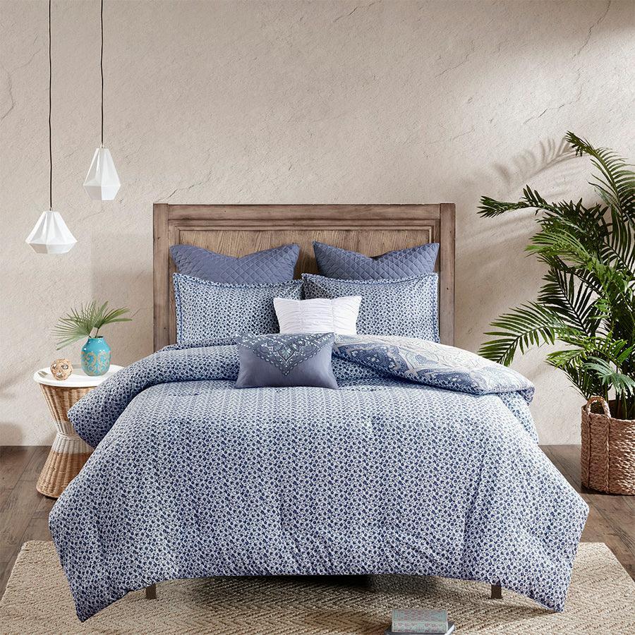 Olliix.com Comforters & Blankets - Maggie Full/Queen 7 Piece Reversible Cotton Comforter Set Blue