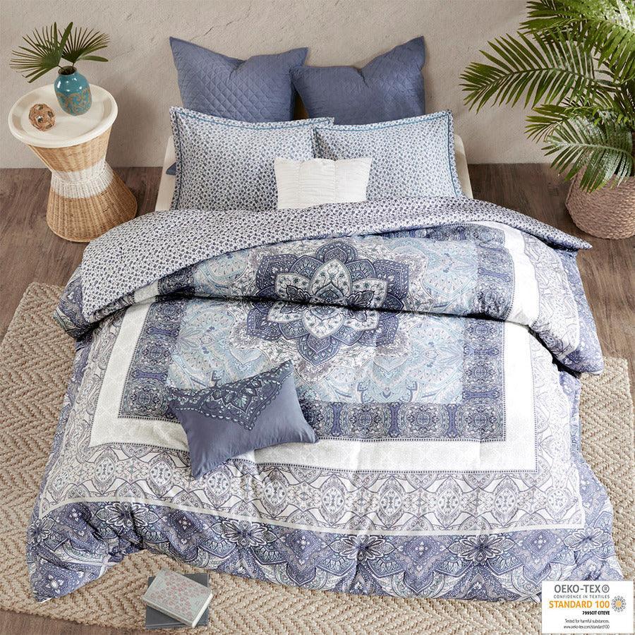 Olliix.com Duvet & Duvet Sets - Maggie Global Inspired 7 Piece Reversible Cotton Duvet Cover Set Full/Queen Blue