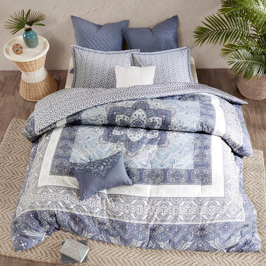 Olliix.com Duvet & Duvet Sets - Maggie Global Inspired 7 Piece Reversible Cotton Duvet Cover Set Full/Queen Blue