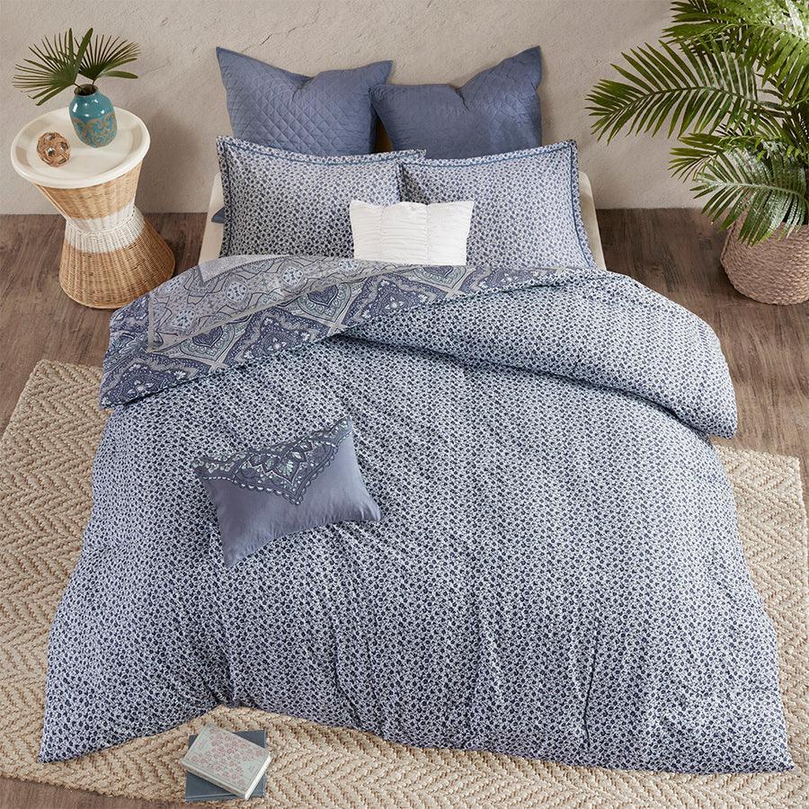 Olliix.com Duvet & Duvet Sets - Maggie Global Inspired 7 Piece Reversible Cotton Duvet Cover Set Full/Queen Blue