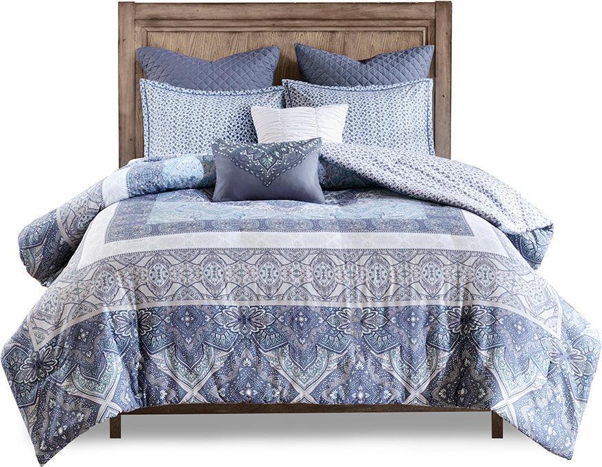 Olliix.com Duvet & Duvet Sets - Maggie Global Inspired 7 Piece Reversible Cotton Duvet Cover Set Full/Queen Blue