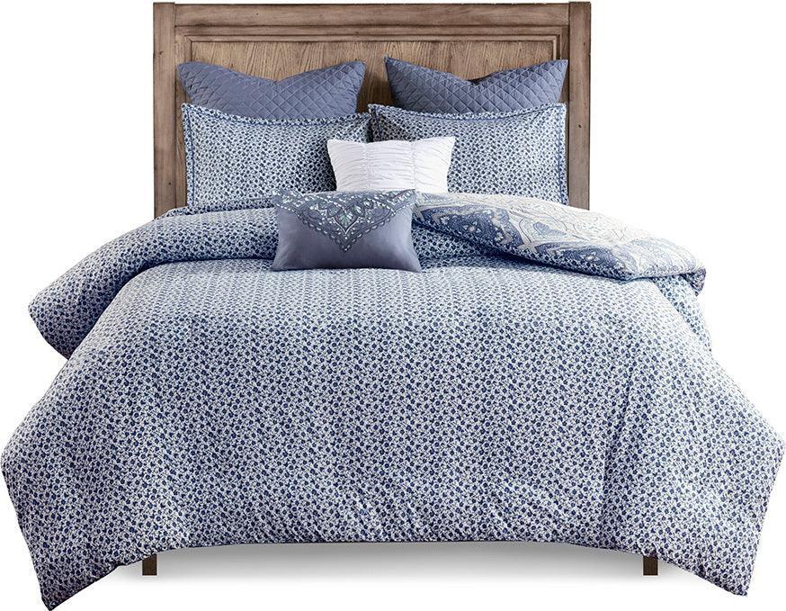 Olliix.com Duvet & Duvet Sets - Maggie Global Inspired 7 Piece Reversible Cotton Duvet Cover Set Full/Queen Blue