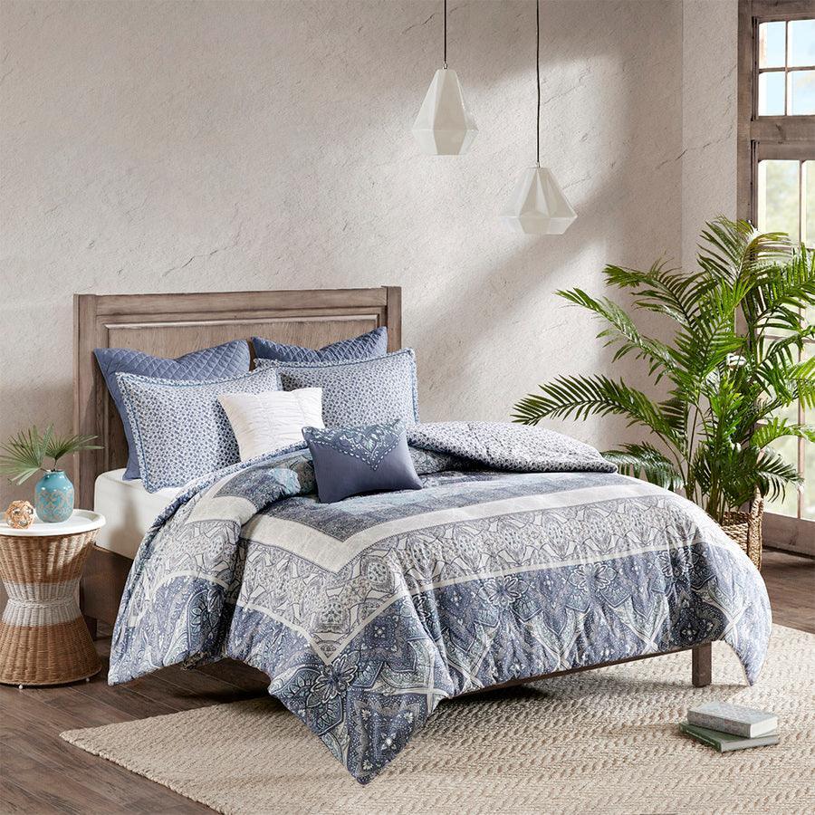 Olliix.com Duvet & Duvet Sets - Maggie Global Inspired 7 Piece Reversible Cotton Duvet Cover Set Full/Queen Blue