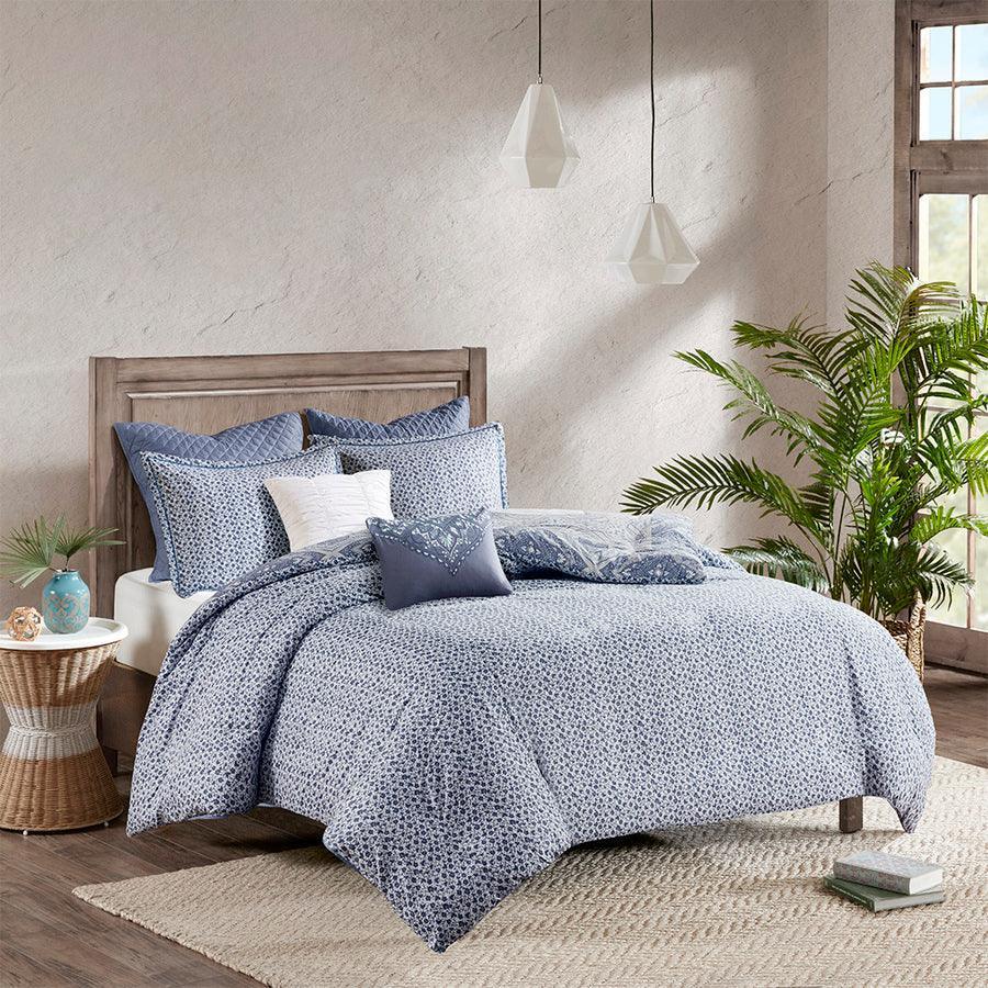 Olliix.com Duvet & Duvet Sets - Maggie Global Inspired 7 Piece Reversible Cotton Duvet Cover Set Full/Queen Blue