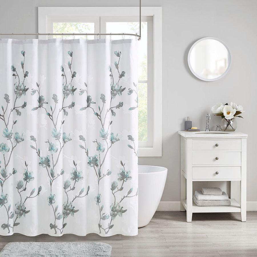 Olliix.com Shower Curtains - Magnolia Floral Printed Burnout Shower Curtain Aqua