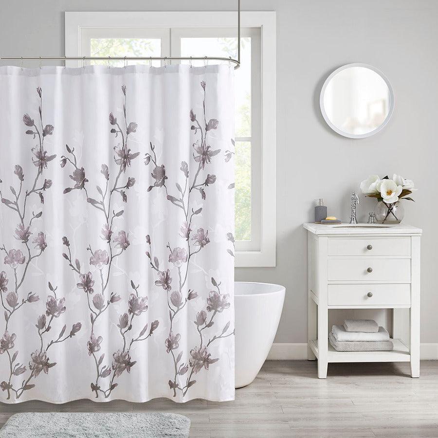 Olliix.com Shower Curtains - Magnolia Floral Printed Burnout Shower Curtain Purple